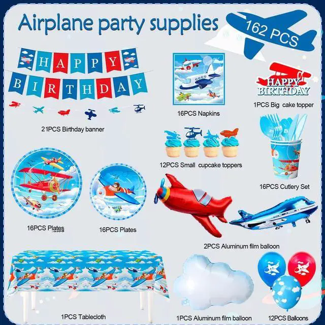 Alt view image 2 of 7 - Airplane Birthday Party Decorations,162pcs Airplane Party decorations & Airplane Party Tableware set - Airplane Plates Napkins Cups Table Cloth Balloons Backdrop etc Airplane Birthday Party Supplies