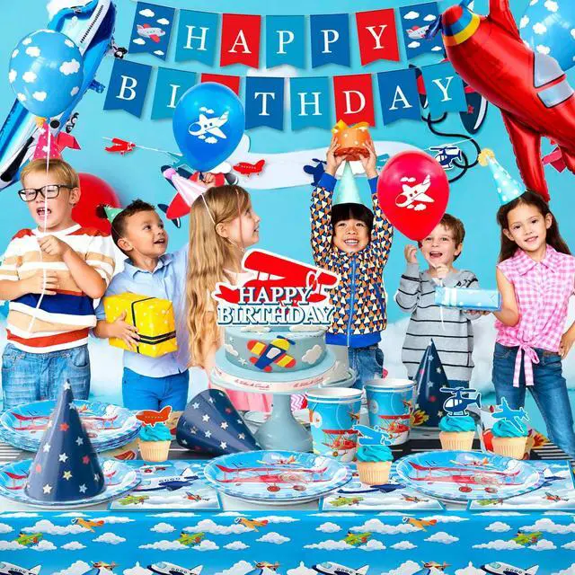 Alt view image 3 of 7 - Airplane Birthday Party Decorations,162pcs Airplane Party decorations & Airplane Party Tableware set - Airplane Plates Napkins Cups Table Cloth Balloons Backdrop etc Airplane Birthday Party Supplies