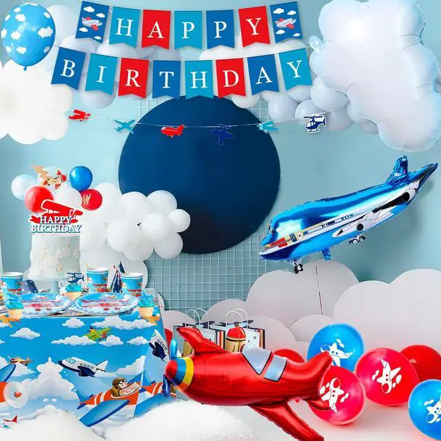 Alt view image 4 of 7 - Airplane Birthday Party Decorations,162pcs Airplane Party decorations & Airplane Party Tableware set - Airplane Plates Napkins Cups Table Cloth Balloons Backdrop etc Airplane Birthday Party Supplies