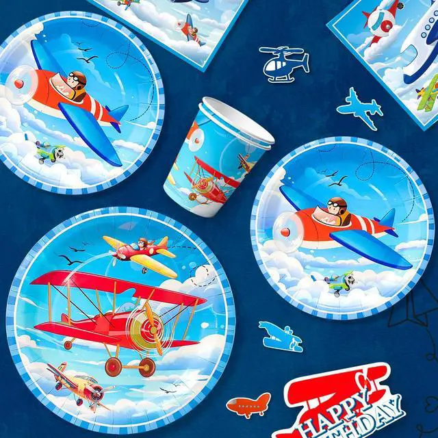 Alt view image 6 of 7 - Airplane Birthday Party Decorations,162pcs Airplane Party decorations & Airplane Party Tableware set - Airplane Plates Napkins Cups Table Cloth Balloons Backdrop etc Airplane Birthday Party Supplies