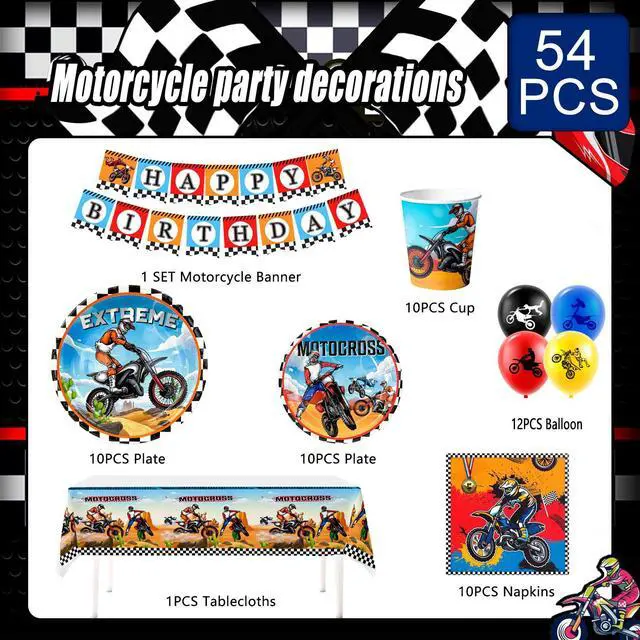 Alt view image 2 of 7 - Motorcycle Birthday Supplies, 54pcs Motorcycle Birthday Decorations&Motorcycle Theme Party Tableware Set- Dirt Bike Party Plates and Napkins Cups & Banner Balloon etc Motocross Party Supplies for Boys