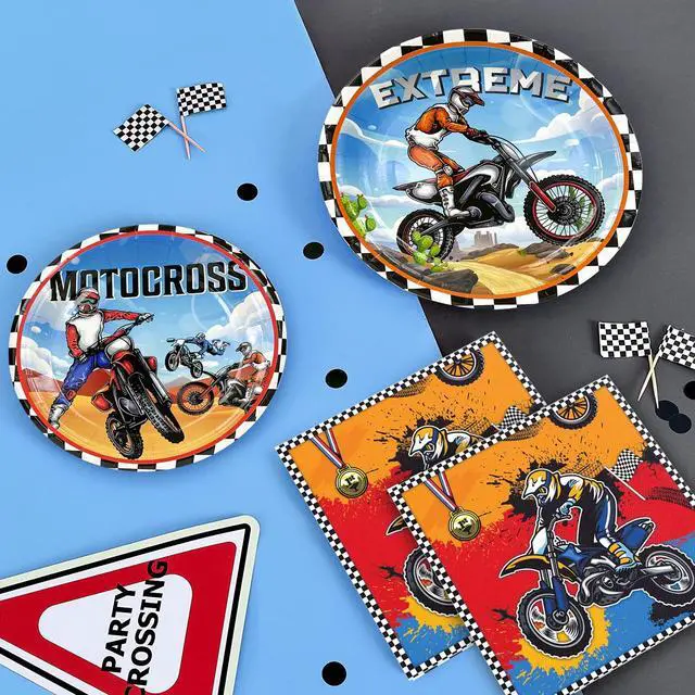 Alt view image 3 of 7 - Motorcycle Birthday Supplies, 54pcs Motorcycle Birthday Decorations&Motorcycle Theme Party Tableware Set- Dirt Bike Party Plates and Napkins Cups & Banner Balloon etc Motocross Party Supplies for Boys