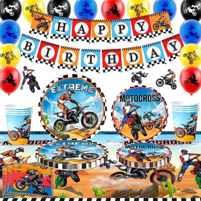 Main image of Motorcycle Birthday Supplies, 54pcs Motorcycle Birthday Decorations&Motorcycle Theme Party Tableware Set- Dirt Bike Party Plates and Napkins Cups & Banner Balloon etc Motocross Party Supplies for Boys