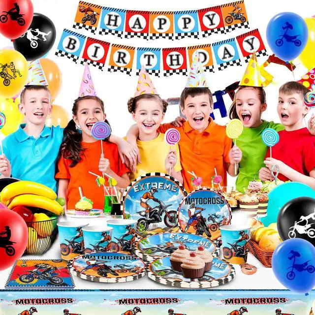 Alt view image 4 of 7 - Motorcycle Birthday Supplies, 54pcs Motorcycle Birthday Decorations&Motorcycle Theme Party Tableware Set- Dirt Bike Party Plates and Napkins Cups & Banner Balloon etc Motocross Party Supplies for Boys
