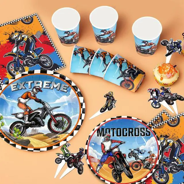 Alt view image 5 of 7 - Motorcycle Birthday Supplies, 54pcs Motorcycle Birthday Decorations&Motorcycle Theme Party Tableware Set- Dirt Bike Party Plates and Napkins Cups & Banner Balloon etc Motocross Party Supplies for Boys