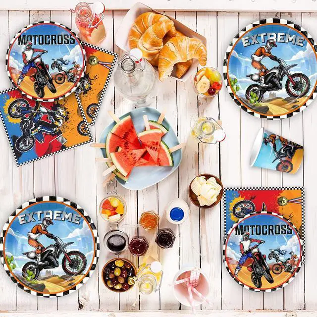 Alt view image 6 of 7 - Motorcycle Birthday Supplies, 54pcs Motorcycle Birthday Decorations&Motorcycle Theme Party Tableware Set- Dirt Bike Party Plates and Napkins Cups & Banner Balloon etc Motocross Party Supplies for Boys