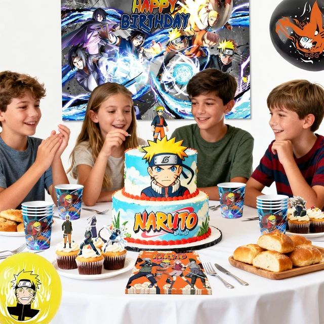 Alt view image 5 of 7 - Naruto Birthday Party Supplies, 112 Pcs Naruto Party Decorations & Tableware Sets - Naruto Cake Toppers Backdrop Plates Tablecloth etc. Naruto Party Supplies for Kids