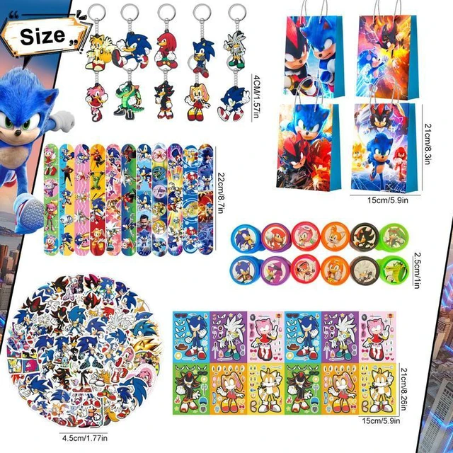 Alt view image 7 of 7 - Sonic Party Favors for Kids, 110 Pcs Sonic Birthday Party Favors Set - Sonic Gift Bags Key Chains Stickers Slap Bands Seals etc Sonic Party Supplies for Sonic Birthday Decorations