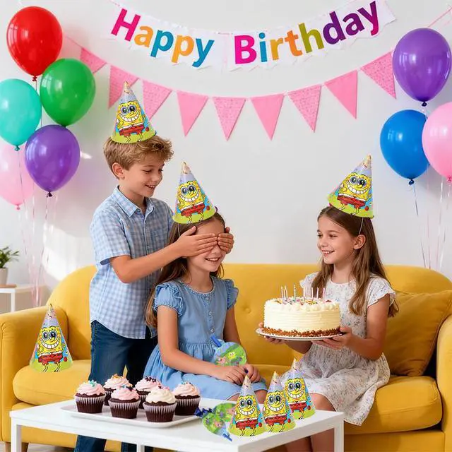 Alt view image 6 of 7 - SpongeBob Party Decoration SpongeBob Birthday Supplies Set Blow Out Hat Glass