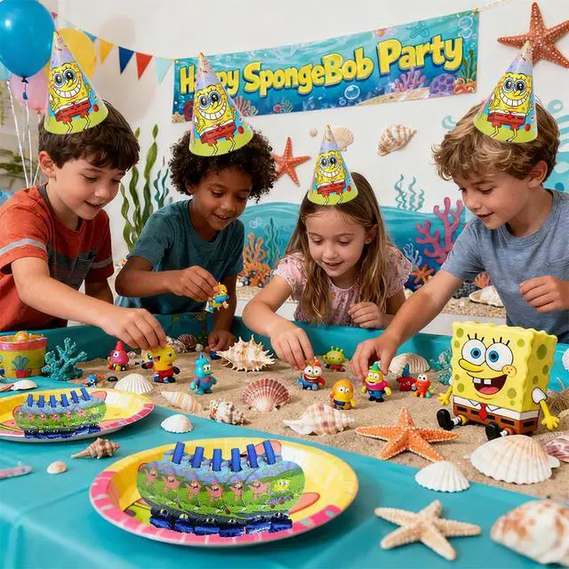 Alt view image 7 of 7 - SpongeBob Party Decoration SpongeBob Birthday Supplies Set Blow Out Hat Glass
