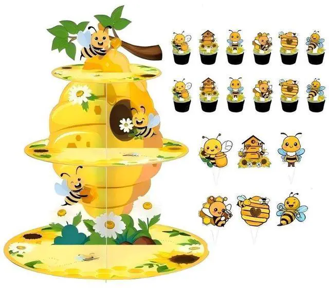Main image of 3-Tier Bee Cake Stand Bee Birthday Party Decorations Bee Dessert Tower Display