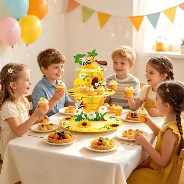 Alt view image 2 of 7 - 3-Tier Bee Cake Stand Bee Birthday Party Decorations Bee Dessert Tower Display