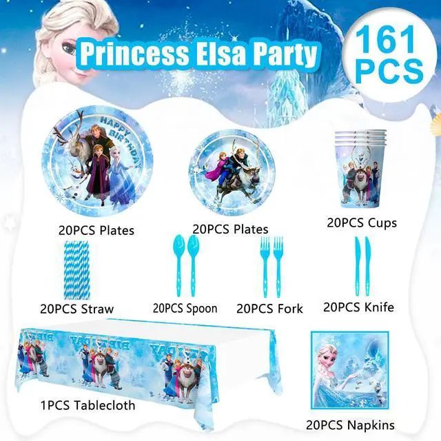 Alt view image 2 of 7 - Frozen Party Supplies, 161pcs Frozen Party Tableware Set Including Frozen Plates and Napkins & Elsa Paper Cup & Frozen Tablecloth etc Frozen Themed Birthday Party Supplies for Girls (Serves 20)