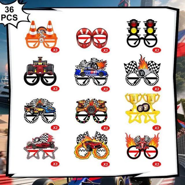 Alt view image 2 of 7 - 36pcs Racing Cars Birthday Party Photo Booth Props Racing Party Decorations,Race Car Birthday Party Supplies, Racing Car Party Decorations, Racing Paper Glasses, Goodie Bag Fillers, Pinata Stuffers
