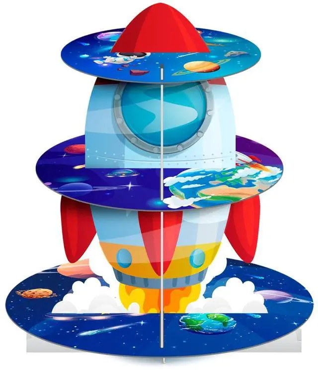 Main image of Space Cupcake Stand, 3 Tiers Space Theme Cupcake Stand, Space Cupcake Holder & Space Theme Dessert Tower, for Boys/Girls Space Themed Party Decorations & Outer Space Birthday Decorations