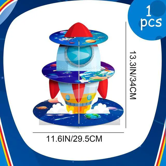 Alt view image 2 of 7 - Space Cupcake Stand, 3 Tiers Space Theme Cupcake Stand, Space Cupcake Holder & Space Theme Dessert Tower, for Boys/Girls Space Themed Party Decorations & Outer Space Birthday Decorations