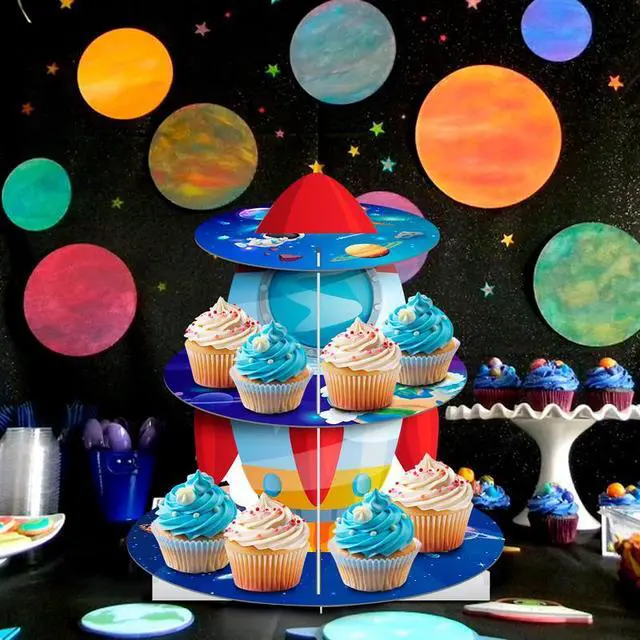 Alt view image 3 of 7 - Space Cupcake Stand, 3 Tiers Space Theme Cupcake Stand, Space Cupcake Holder & Space Theme Dessert Tower, for Boys/Girls Space Themed Party Decorations & Outer Space Birthday Decorations