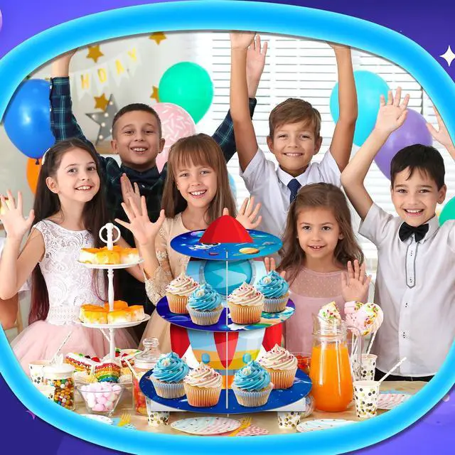 Alt view image 4 of 7 - Space Cupcake Stand, 3 Tiers Space Theme Cupcake Stand, Space Cupcake Holder & Space Theme Dessert Tower, for Boys/Girls Space Themed Party Decorations & Outer Space Birthday Decorations