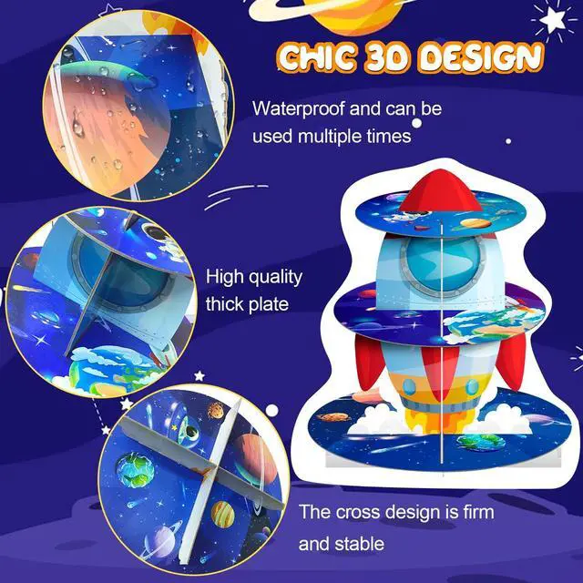 Alt view image 5 of 7 - Space Cupcake Stand, 3 Tiers Space Theme Cupcake Stand, Space Cupcake Holder & Space Theme Dessert Tower, for Boys/Girls Space Themed Party Decorations & Outer Space Birthday Decorations