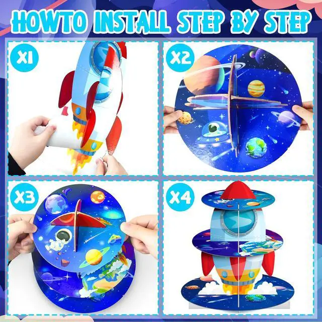 Alt view image 6 of 7 - Space Cupcake Stand, 3 Tiers Space Theme Cupcake Stand, Space Cupcake Holder & Space Theme Dessert Tower, for Boys/Girls Space Themed Party Decorations & Outer Space Birthday Decorations