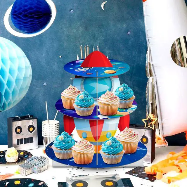 Alt view image 7 of 7 - Space Cupcake Stand, 3 Tiers Space Theme Cupcake Stand, Space Cupcake Holder & Space Theme Dessert Tower, for Boys/Girls Space Themed Party Decorations & Outer Space Birthday Decorations