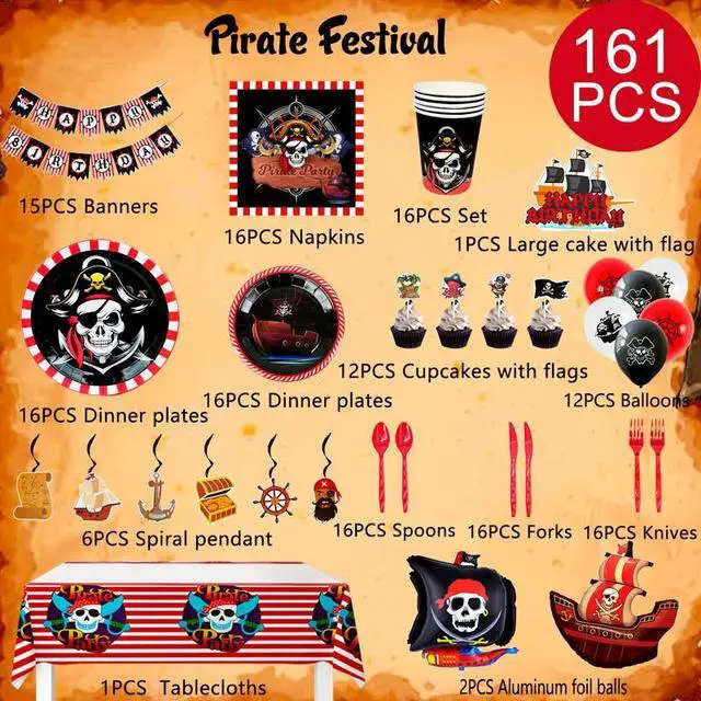 Alt view image 2 of 7 - Pirate Birthday Party Decorations, 161pcs Pirate Theme Party Supplies Include Pirate Theme Balloons Banner & Pirate Party Plates and Napkins Cups Tablecloth etc Pirate Party Tableware for Boys Kids