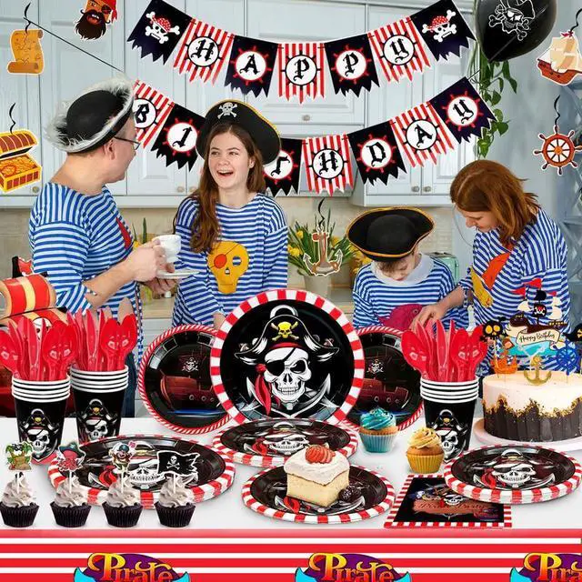 Alt view image 4 of 7 - Pirate Birthday Party Decorations, 161pcs Pirate Theme Party Supplies Include Pirate Theme Balloons Banner & Pirate Party Plates and Napkins Cups Tablecloth etc Pirate Party Tableware for Boys Kids