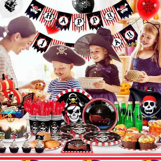 Alt view image 6 of 7 - Pirate Birthday Party Decorations, 161pcs Pirate Theme Party Supplies Include Pirate Theme Balloons Banner & Pirate Party Plates and Napkins Cups Tablecloth etc Pirate Party Tableware for Boys Kids