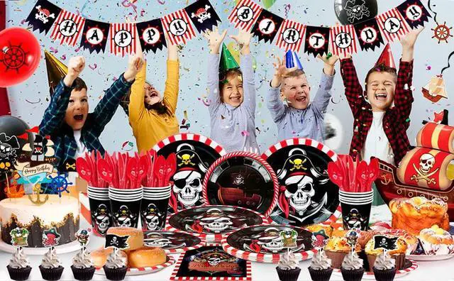 Alt view image 7 of 7 - Pirate Birthday Party Decorations, 161pcs Pirate Theme Party Supplies Include Pirate Theme Balloons Banner & Pirate Party Plates and Napkins Cups Tablecloth etc Pirate Party Tableware for Boys Kids