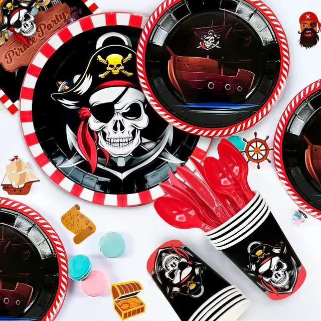 Alt view image 5 of 7 - Pirate Birthday Party Decorations, 161pcs Pirate Theme Party Supplies Include Pirate Theme Balloons Banner & Pirate Party Plates and Napkins Cups Tablecloth etc Pirate Party Tableware for Boys Kids