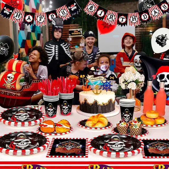 Alt view image 3 of 7 - Pirate Birthday Party Decorations, 161pcs Pirate Theme Party Supplies Include Pirate Theme Balloons Banner & Pirate Party Plates and Napkins Cups Tablecloth etc Pirate Party Tableware for Boys Kids