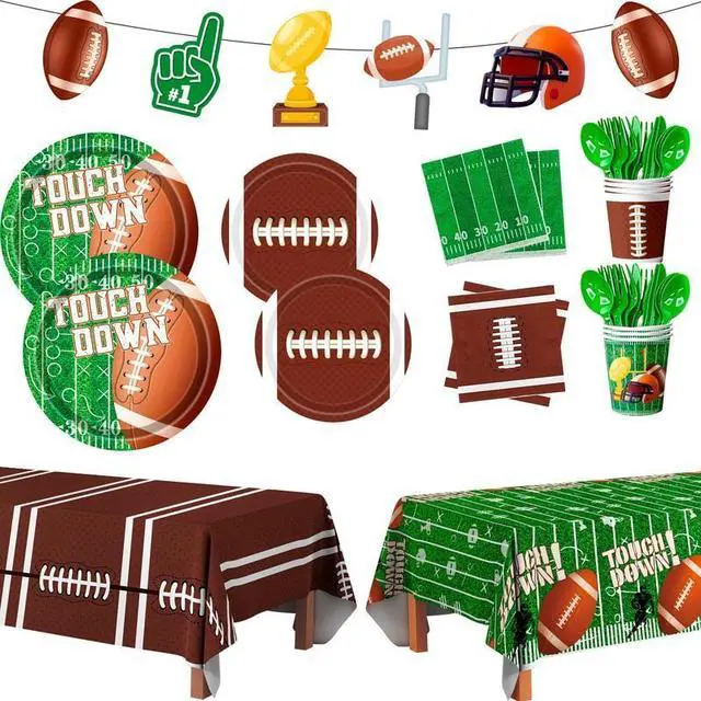 Main image of Football Party Supplies Tableware, 104pcs Football Party Tableware Set - Football Plates and Napkins Cup Tablecloth & Swirls etc Football Party Decorations for Football Birthday Party,Tailgate Party