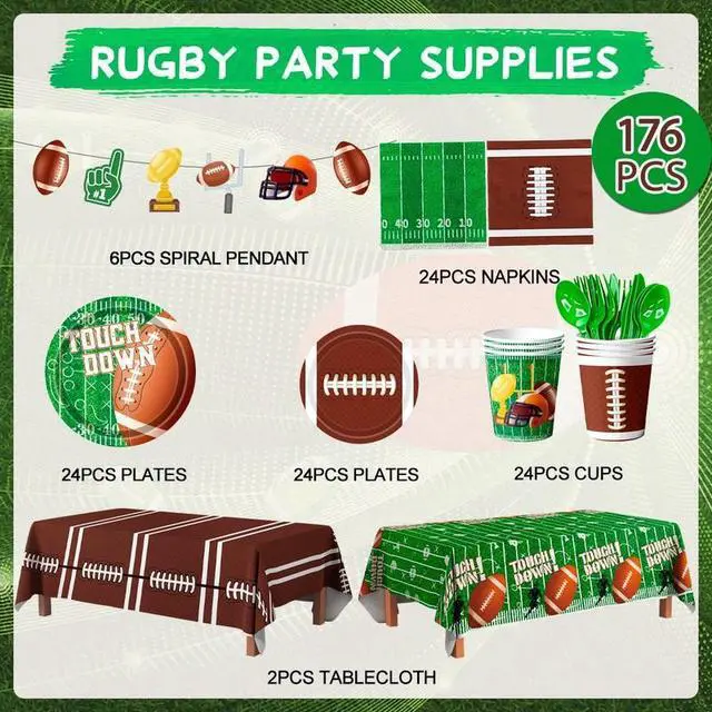 Alt view image 2 of 7 - Football Party Supplies Tableware, 104pcs Football Party Tableware Set - Football Plates and Napkins Cup Tablecloth & Swirls etc Football Party Decorations for Football Birthday Party,Tailgate Party