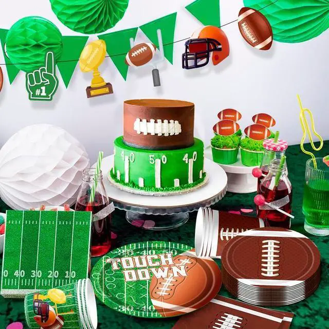Alt view image 3 of 7 - Football Party Supplies Tableware, 104pcs Football Party Tableware Set - Football Plates and Napkins Cup Tablecloth & Swirls etc Football Party Decorations for Football Birthday Party,Tailgate Party