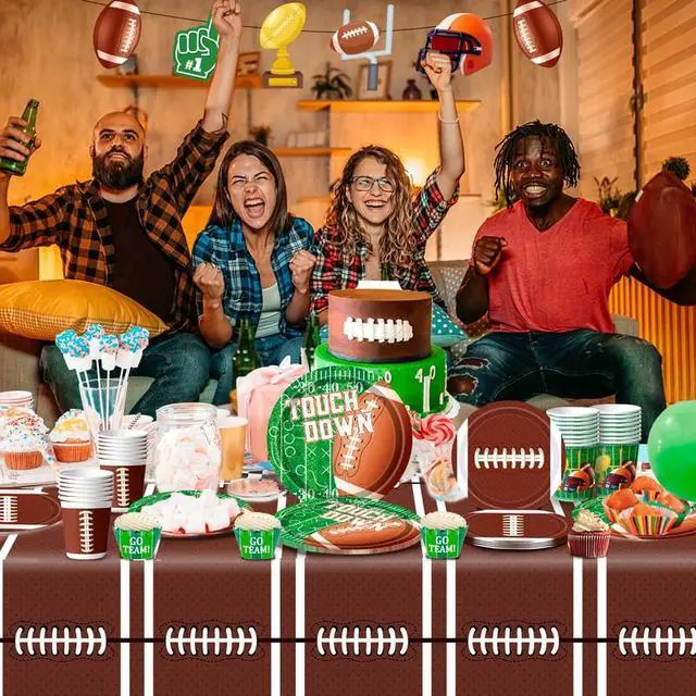 Alt view image 4 of 7 - Football Party Supplies Tableware, 104pcs Football Party Tableware Set - Football Plates and Napkins Cup Tablecloth & Swirls etc Football Party Decorations for Football Birthday Party,Tailgate Party