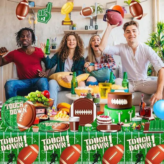 Alt view image 5 of 7 - Football Party Supplies Tableware, 104pcs Football Party Tableware Set - Football Plates and Napkins Cup Tablecloth & Swirls etc Football Party Decorations for Football Birthday Party,Tailgate Party