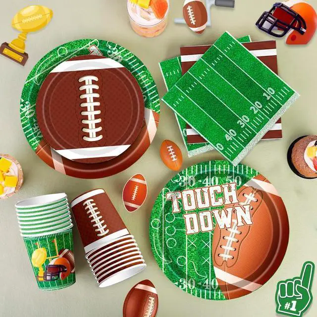 Alt view image 6 of 7 - Football Party Supplies Tableware, 104pcs Football Party Tableware Set - Football Plates and Napkins Cup Tablecloth & Swirls etc Football Party Decorations for Football Birthday Party,Tailgate Party