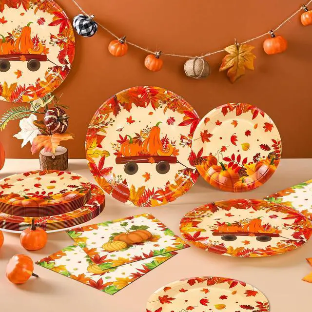Alt view image 2 of 6 - Thanksgiving Party Supplies Tableware, 113 Pcs Thanksgiving Plates and Napkins Sets - Thanksgiving Decorations Plates Tablecloth Napkins Cups for Friendsgiving Decorations & Fall Party Decorations