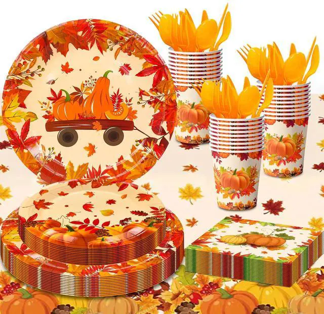 Main image of Thanksgiving Party Supplies Tableware, 113 Pcs Thanksgiving Plates and Napkins Sets - Thanksgiving Decorations Plates Tablecloth Napkins Cups for Friendsgiving Decorations & Fall Party Decorations