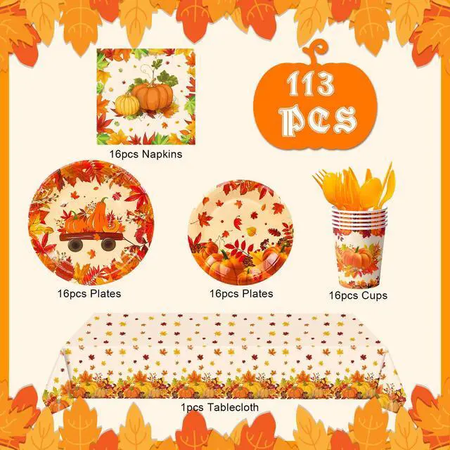 Alt view image 6 of 6 - Thanksgiving Party Supplies Tableware, 113 Pcs Thanksgiving Plates and Napkins Sets - Thanksgiving Decorations Plates Tablecloth Napkins Cups for Friendsgiving Decorations & Fall Party Decorations