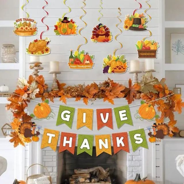 Main image of Thanksgiving Banner Hanging Swirls,17pcs Give Thanks Hanging Swirls&Banner Set-Happy Thanksgiving Hanging Swirls,Happy Thanksgiving Banner&Thanksgiving Foil Streamer,for Thanksgiving Party Decorations