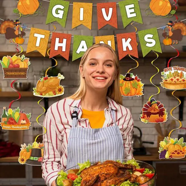 Alt view image 4 of 7 - Thanksgiving Banner Hanging Swirls,17pcs Give Thanks Hanging Swirls&Banner Set-Happy Thanksgiving Hanging Swirls,Happy Thanksgiving Banner&Thanksgiving Foil Streamer,for Thanksgiving Party Decorations