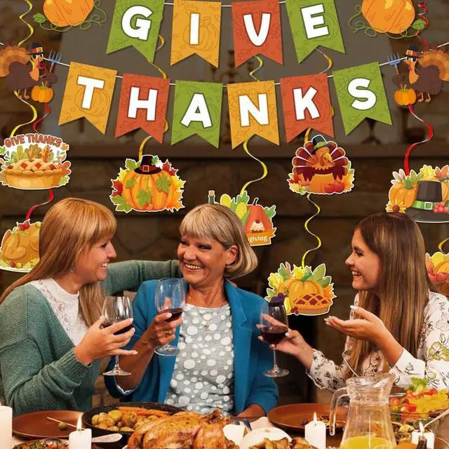 Alt view image 5 of 7 - Thanksgiving Banner Hanging Swirls,17pcs Give Thanks Hanging Swirls&Banner Set-Happy Thanksgiving Hanging Swirls,Happy Thanksgiving Banner&Thanksgiving Foil Streamer,for Thanksgiving Party Decorations