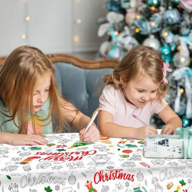 Alt view image 4 of 7 - Christmas Coloring Tablecloth, 108''x54'' Coloring Christmas Tablecloth, Xmas Giant Coloring Tablecloth & Coloring Tablecloth for Kids Christmas, for Christmas Party Decorations Favors Crafts