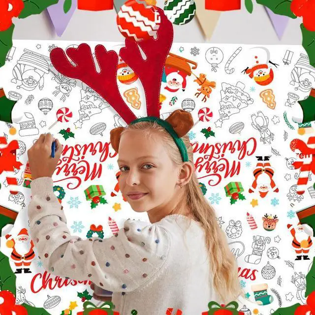 Alt view image 7 of 7 - Christmas Coloring Tablecloth, 108''x54'' Coloring Christmas Tablecloth, Xmas Giant Coloring Tablecloth & Coloring Tablecloth for Kids Christmas, for Christmas Party Decorations Favors Crafts