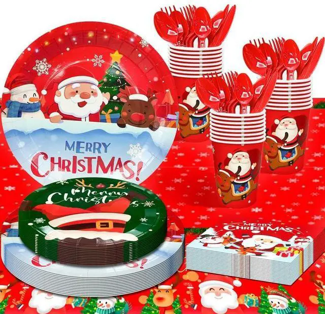 Main image of Christmas Tableware,113pcs Christmas Party Tableware Set Including Christmas Paper Plates and Napkins Cups& Christmas Tablecloth etc Xmas Party Tableware for Boys/Girls Christmas Party Supplies