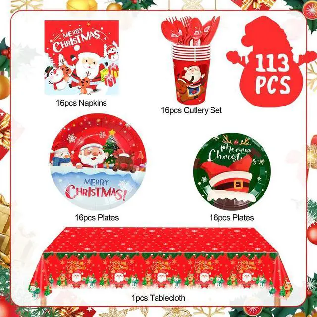 Alt view image 2 of 7 - Christmas Tableware,113pcs Christmas Party Tableware Set Including Christmas Paper Plates and Napkins Cups& Christmas Tablecloth etc Xmas Party Tableware for Boys/Girls Christmas Party Supplies