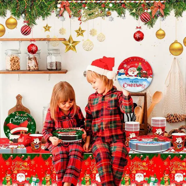 Alt view image 4 of 7 - Christmas Tableware,113pcs Christmas Party Tableware Set Including Christmas Paper Plates and Napkins Cups& Christmas Tablecloth etc Xmas Party Tableware for Boys/Girls Christmas Party Supplies