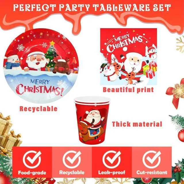 Alt view image 6 of 7 - Christmas Tableware,113pcs Christmas Party Tableware Set Including Christmas Paper Plates and Napkins Cups& Christmas Tablecloth etc Xmas Party Tableware for Boys/Girls Christmas Party Supplies