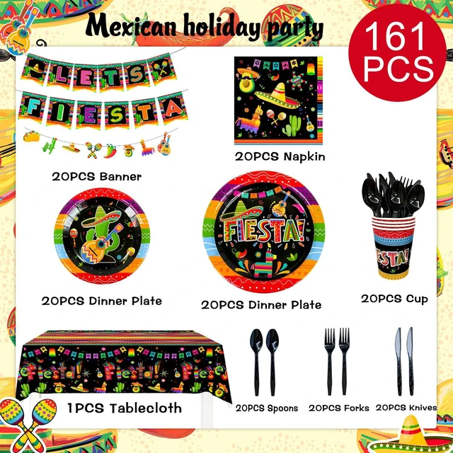 Alt view image 6 of 7 - Mexican Fiesta Party Supplies, 161 Pcs Mexican Party Paper Tableware Set - Fiesta Plates Cups Napkins Tablecloth & Mexican Fiesta Banner ect Fiesta Party Supplies for 20 Guests